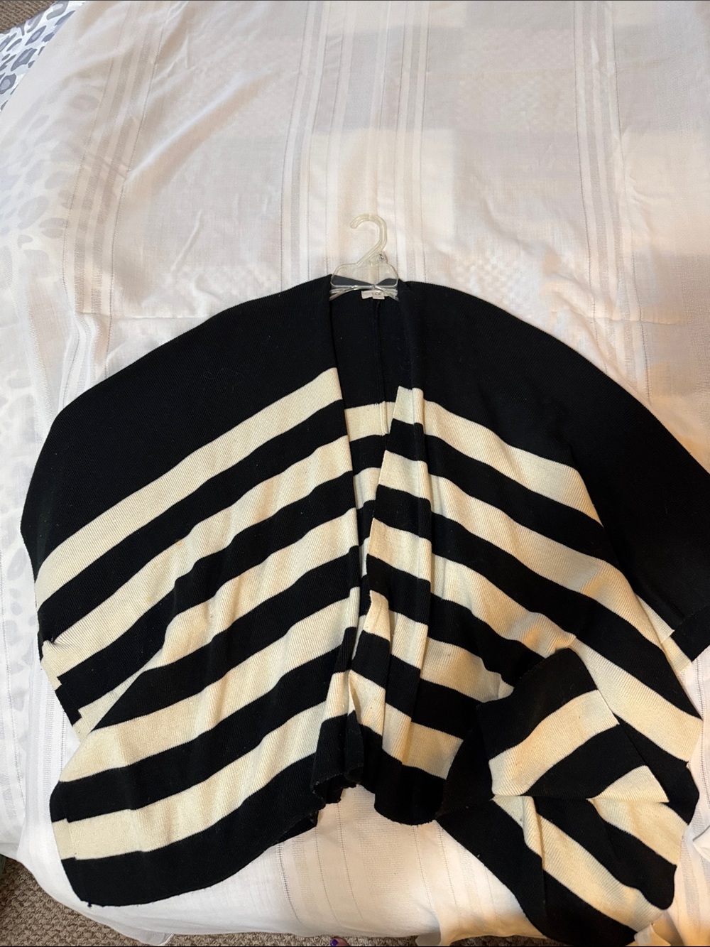 LOFT Black and Cream Striped Open-Front Cardigan